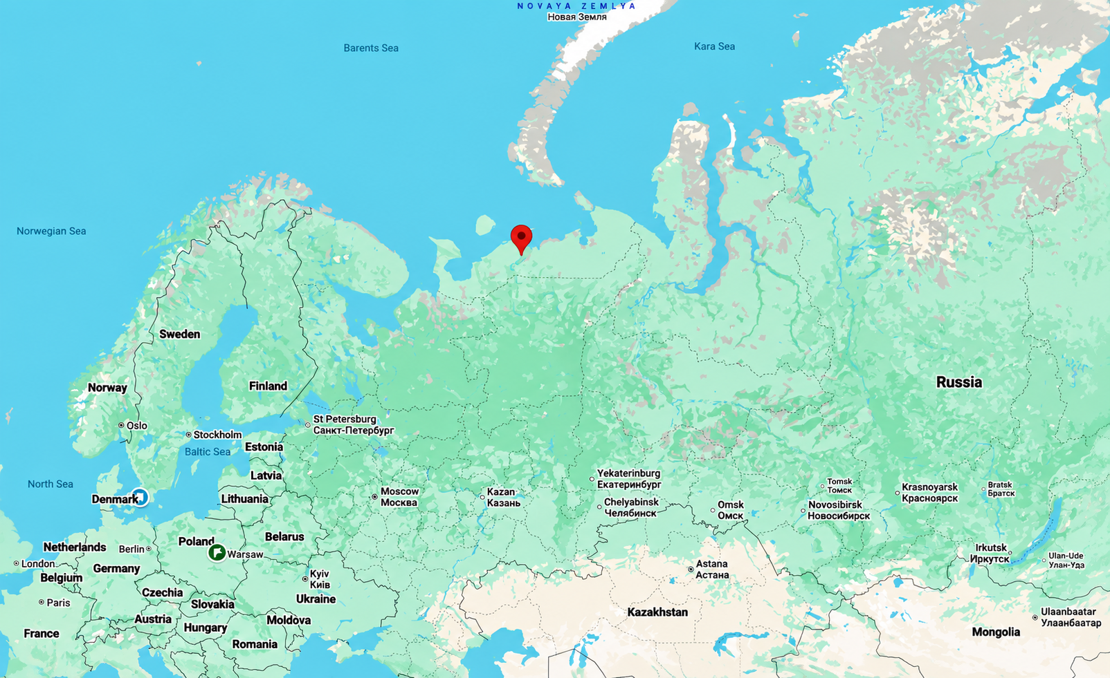Map of northern Russia marking Nelmin-Nos in the Nenets Autonomous Okrug.