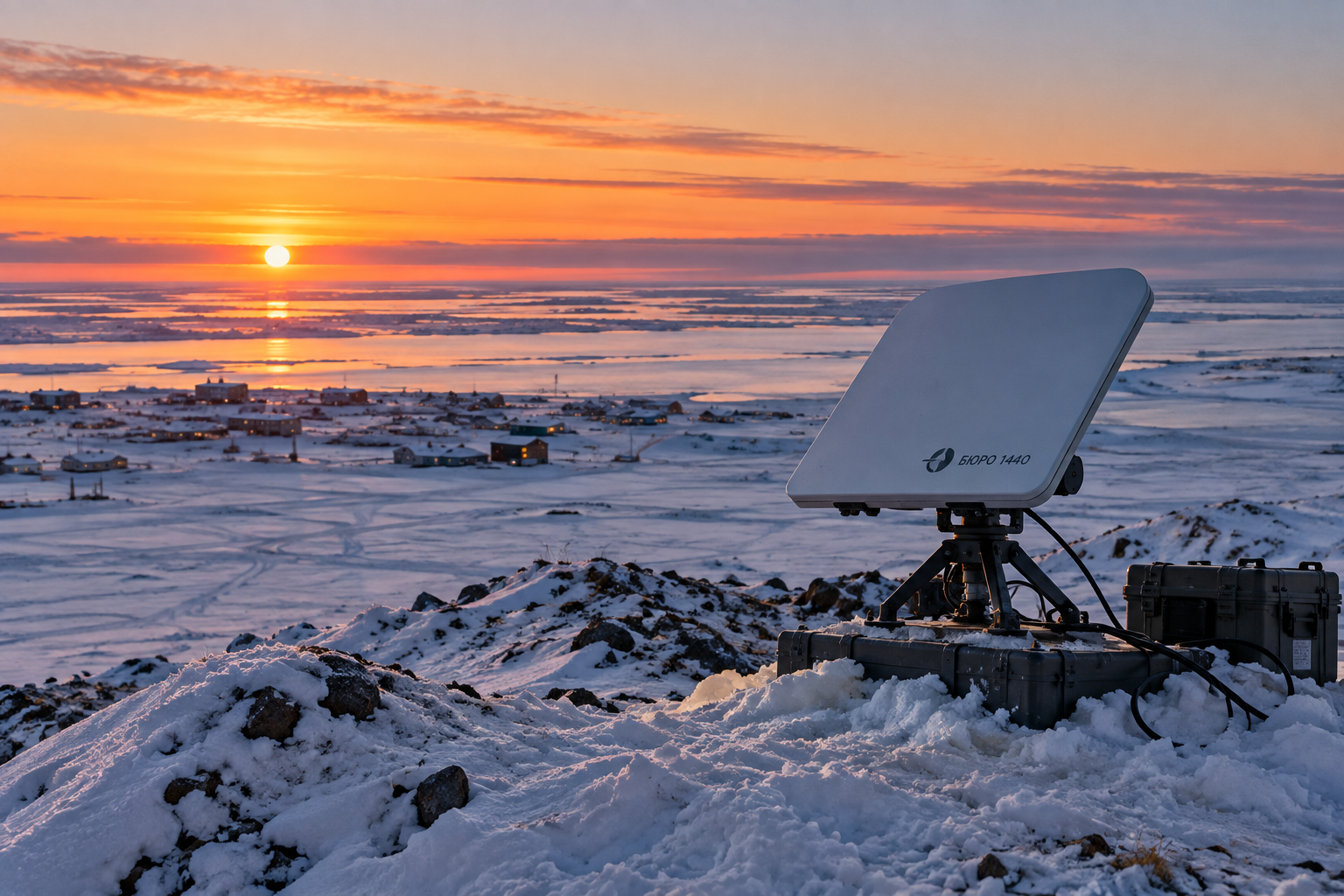 Illustration of a Bureau 1440 satellite terminal overlooking a snowy Arctic settlement.